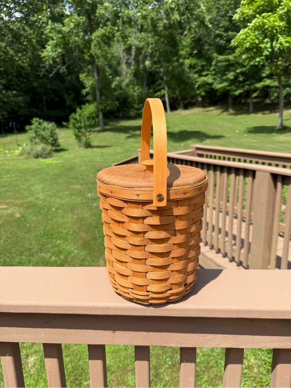 Vintage 1992 Longaberger Handwoven Lidded Basket with Handle